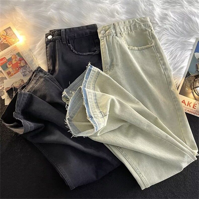 美式复古vibe裤子ins高街毛边黄泥染牛仔裤男宽松直筒裤NK398-P42图片