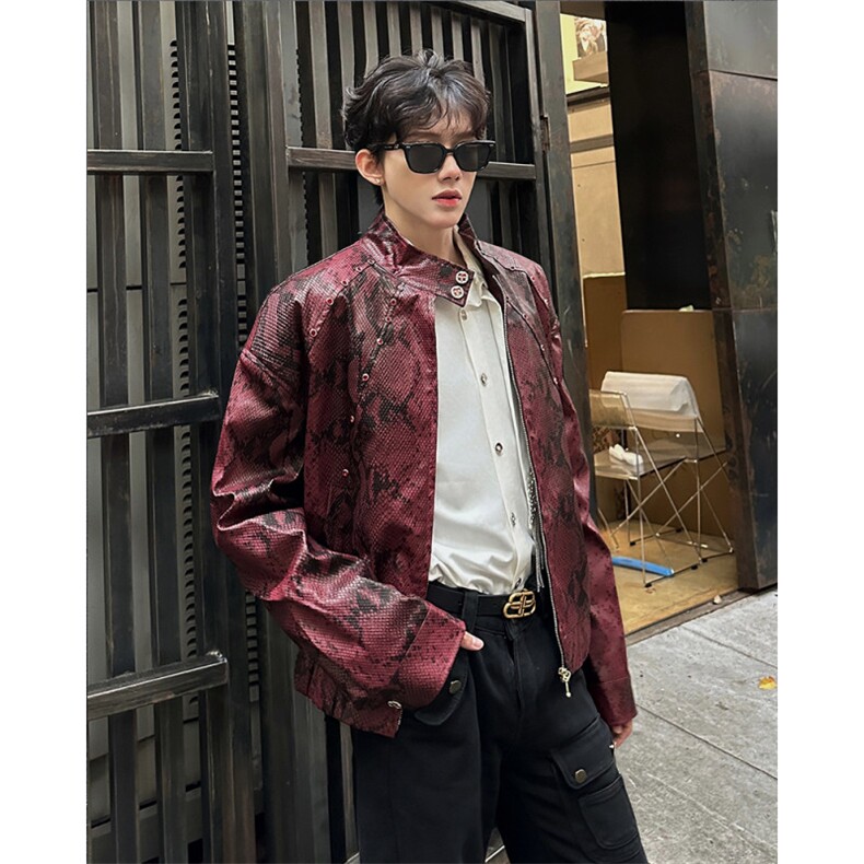 25秋冬蛇皮纹红宝石铆钉设计感皮夹克外套JK118-P158,男装夹克,电商B288