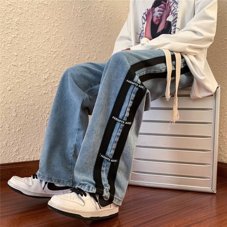 条纹牛仔裤男春秋ins潮牌美式高街宽松阔腿直筒休闲裤子80233-p48图片