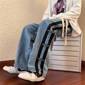 条纹牛仔裤男春秋ins潮牌美式高街宽松阔腿直筒休闲裤子80233-p48图片