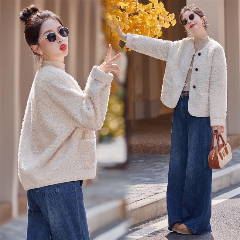 2024秋冬新款百搭圆领环保皮毛加厚长款毛绒一体外套，女装羊羔毛/颗粒绒，瑶迪依秀