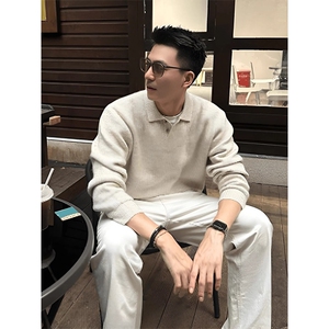 重磅秋冬北极绒亨利领毛衣开衫美式复古休闲慵懒风纯色翻领针织衫图片