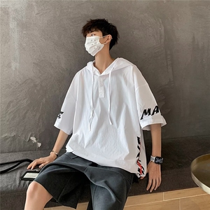 防晒短袖t恤男士夏季薄款冰丝男装连帽半袖大码宽松休闲男生上衣图片