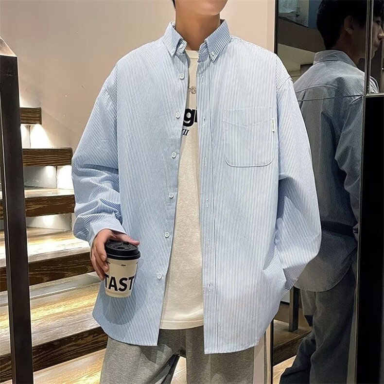 细条纹衬衫男韩版潮流宽松百搭学院风2024秋冬ins外套CY1009-P35,男装衬衫,星座412-2