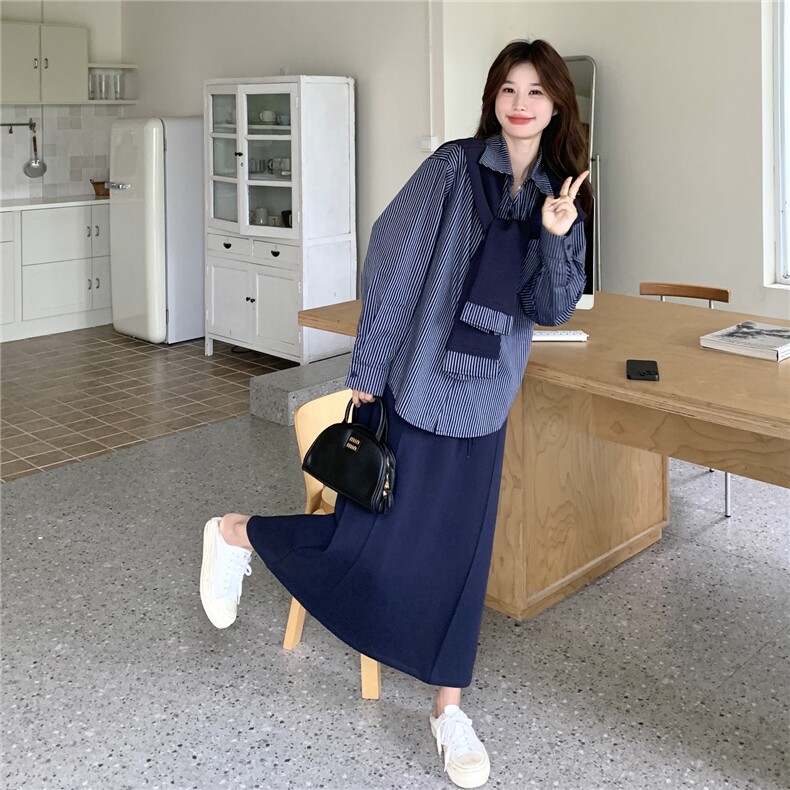 现货:秋装新款休闲条纹衬衫半身裙三件套装裙2C135-8888P185K258，女装套装/套裙，2C135