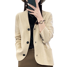 2025春新款针织开衫外套女西装领韩版宽松显瘦纯色，女装羊毛衫，暖烁羊绒