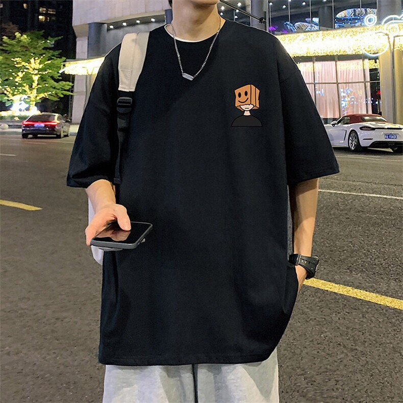 卡通印花黑色纯棉短袖t恤男款夏季日系少年感宽松圆领半袖体恤衫,男装T恤,星座304A