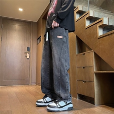 春秋松紧腰牛仔裤男直筒休闲水洗潮牌日系复古痞帅设计感潮流裤子，男装牛仔裤，星座410-7