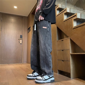 春秋松紧腰牛仔裤男直筒休闲水洗潮牌日系复古痞帅设计感潮流裤子图片