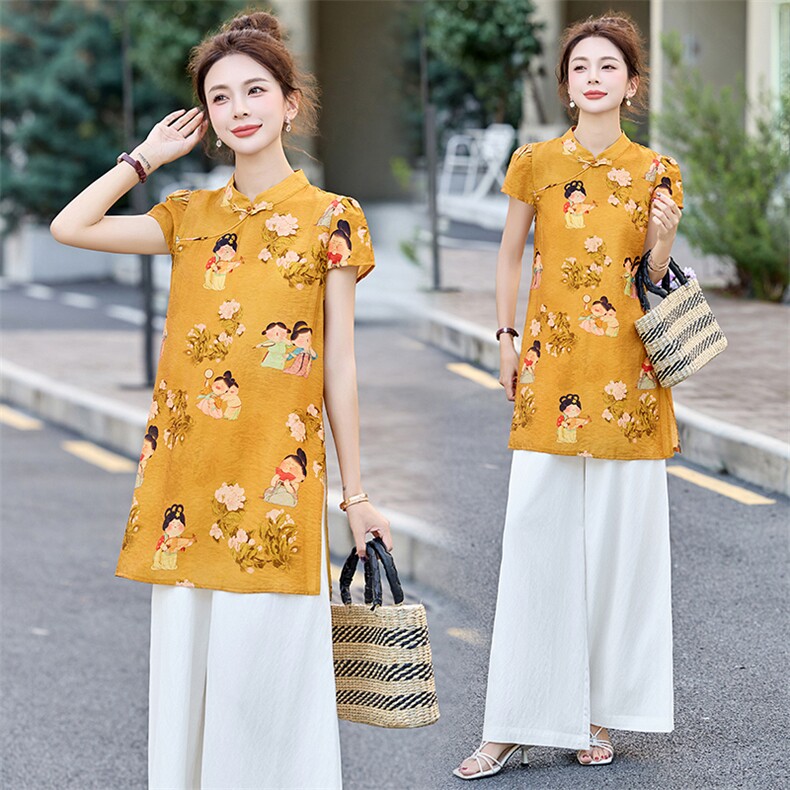 四季青2025夏季新款国风盘扣印花短袖衬衫时尚阔腿长裤女潮，女装连衣裙，衣之秀
