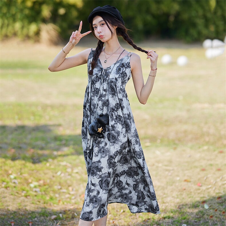 【新款现货】法式复古水墨印花吊带连衣裙P90K138,女装连衣裙,2C333