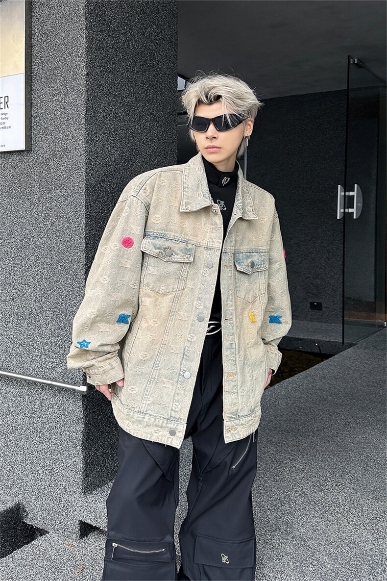 网红原创美式街头黄泥水洗做旧复古牛仔衣男女宽松潮牌夹克秋外套,男装夹克,星座505-2（原电商A260-1)