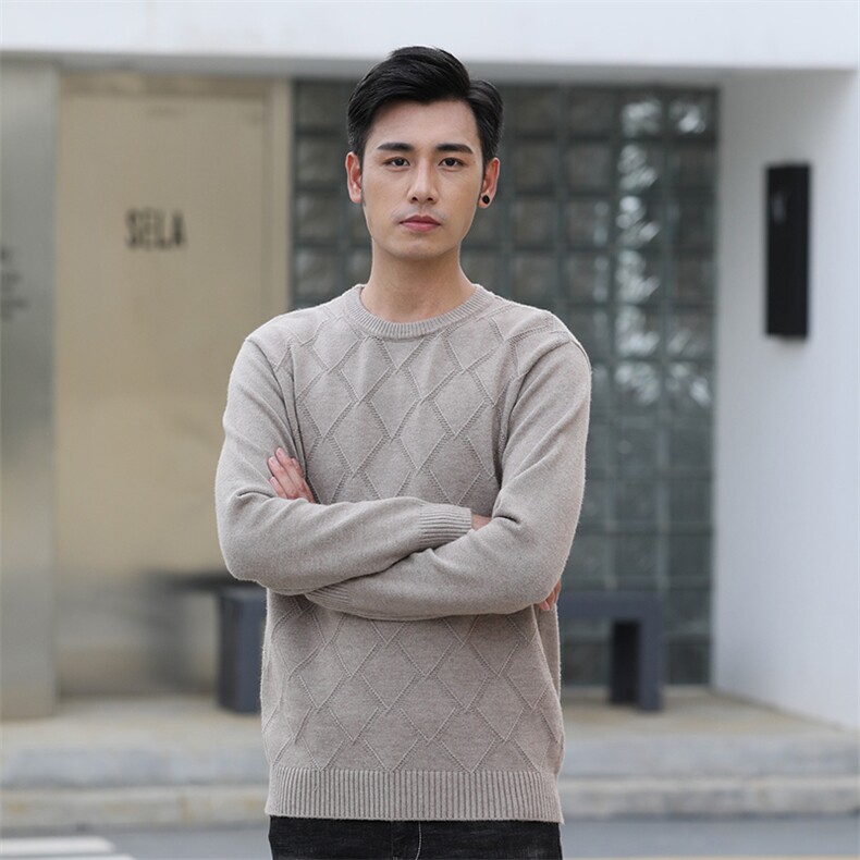 时尚菱形格纹男士圆领针织衫简约百搭休闲打底毛衣高品质舒适面料,男装针织衫/毛衣,惠友羊绒