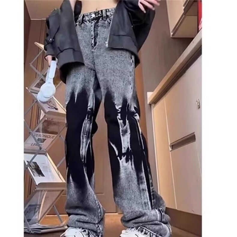 美式扎染牛仔裤窄版修身显瘦直筒休闲裤炸街痞帅小众微喇弯刀裤,男装牛仔裤,星座1210-1