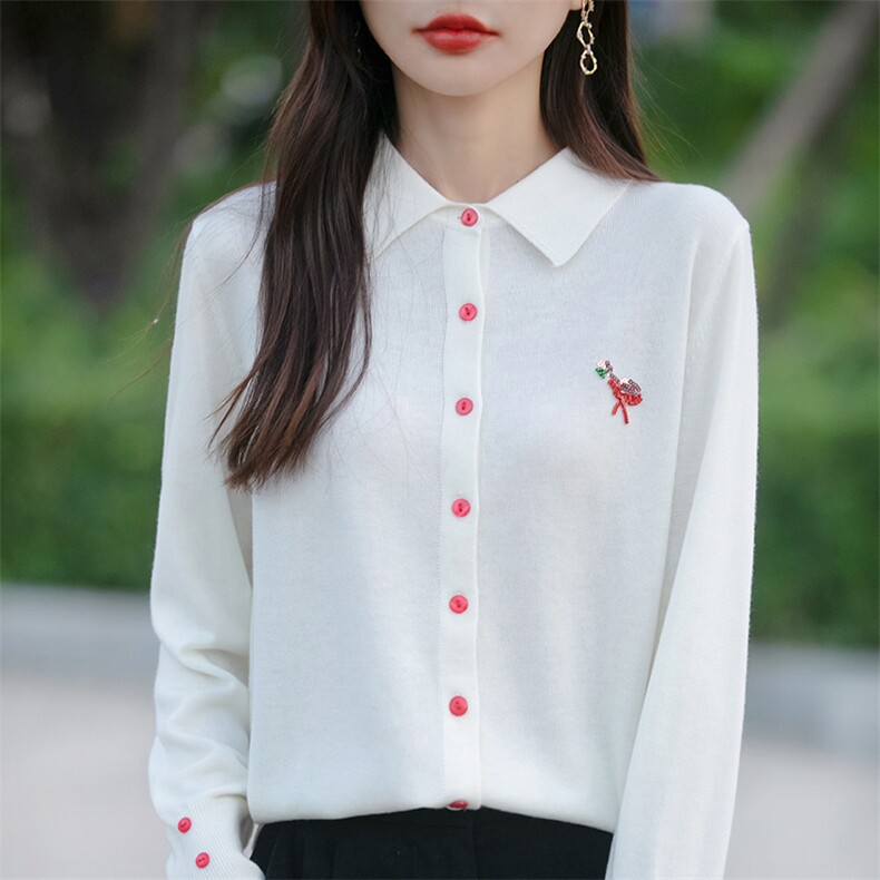 POLO领针织开衫女2025春季新款钉珠刺绣显瘦衬衣领高级感软糯毛衣,针织衫/毛衣,佳绒包芯纱店