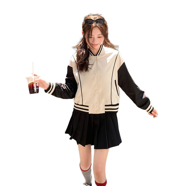 短款棒球服外套女春秋2025新款高级感设计小众宽松撞色夹克上衣潮,女装短外套,2C057
