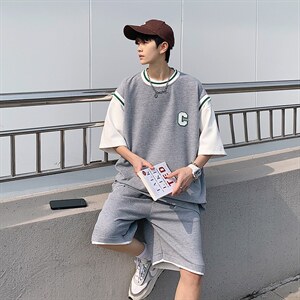 2025夏季华夫格套装男青少年T恤短裤两件套港风套装TZ2237-P55图片