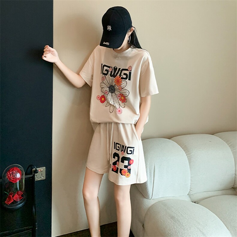 时尚休闲运动套装女夏季新款韩版宽松显瘦印花短袖阔腿短裤两件套,女装套装/套裙,江南
