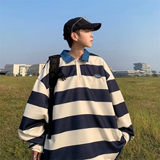 秋季韩版潮流宽松牛仔翻领卫衣男百搭条纹港风长袖T恤W6377-P38，男装卫衣，星座512-2