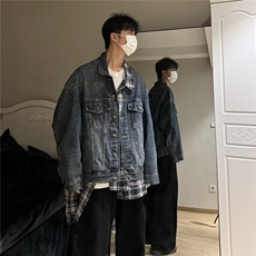 假两件拼接格子牛仔外套男款潮炸街工装牛仔衣痞帅夹克GA2563P82，男装工装外套，星座1013-5
