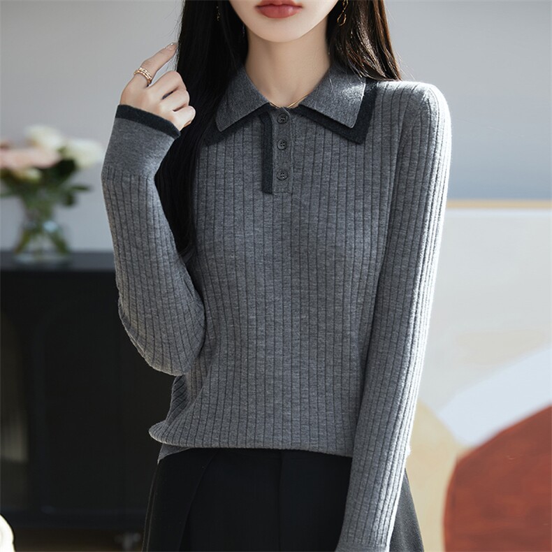 拼色POLO领100%纯羊毛衫女坑条长袖针织衫毛衣宽松羊绒衫打底上衣图片