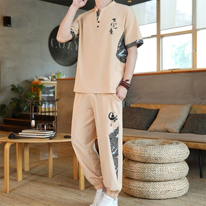 风男装夏季冰丝弹力短袖开衫套装男汉服套装图片