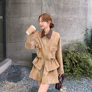 春装新款 巴恩风廓形收腰夹克+短裤休闲套装 2105 P180 K289图片