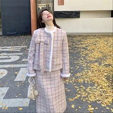 【】时尚潮流粉色格子蝴蝶结羽绒套装K06-P285-K428，女装套装/套裙，2C305
