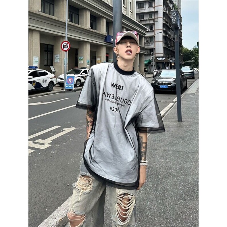 小众设计师款男装假两件网纱短袖夏季潮牌痞帅高级感t恤美式高街,男装T恤,星座506A