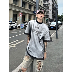 小众设计师款男装假两件网纱短袖夏季潮牌痞帅高级感t恤美式高街，男装T恤，星座506A