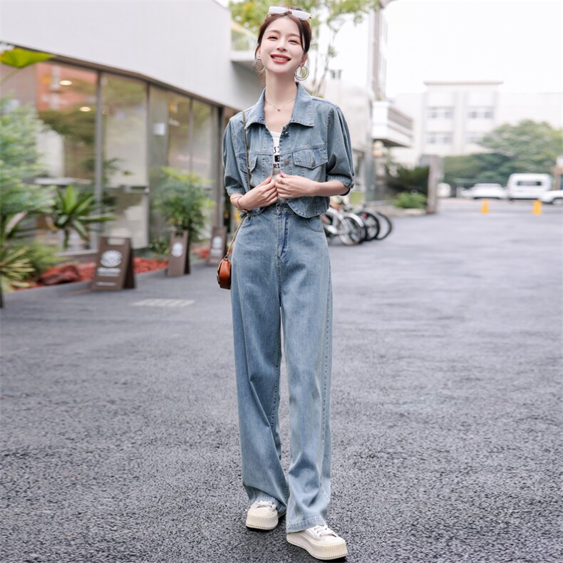 2024年夏款薄款上衣直筒大脚长裤子套装外套牛仔时尚气质两件套,女装套装/套裙,瑶迪