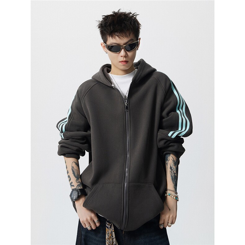 8XL-M秋冬美式运动三条杠条纹开衫卫衣连帽特大码宽松JK5206/P65,男装卫衣,电商B238