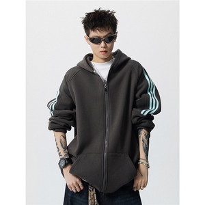 8XL-M秋冬美式运动三条杠条纹开衫卫衣连帽特大码宽松JK5206/P65图片