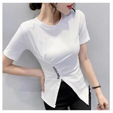2021夏装新款开叉T恤女短袖设计感不规则上衣洋气修身收腰小衫潮，女装T恤，潮品会