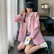 设计感可拆卸海军领粉色小西装外套女春秋季气质宽松休闲时尚西服，女装西装，帛香坊