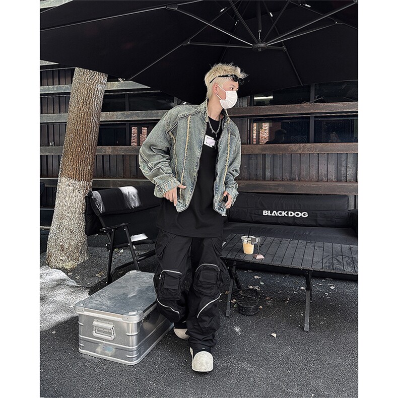 美式潮牌复古解构毛边短款机车服设计做旧牛仔外套男立领帅气夹克，男装工装外套，星座505-2（原电商A260-1)