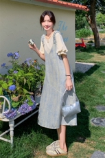 短袖夏季翻领中长裙宽松腰连衣裙法式宽松牛仔辣妈，女装套装/套裙，2C113