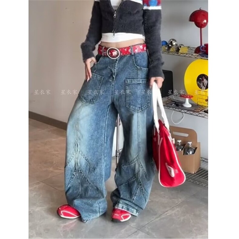 复古蓝牛仔裤女秋冬2025新款阔腿工装裤美式高街多口袋直筒休闲裤,男装牛仔裤,星座506A