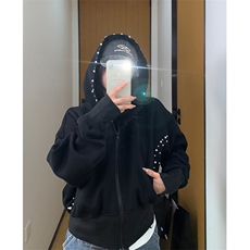 秋季美式小众设计钉珍珠短款连帽外套女复古修身黑色夹克WY206，男装夹克，星座1116A（原606A-3）