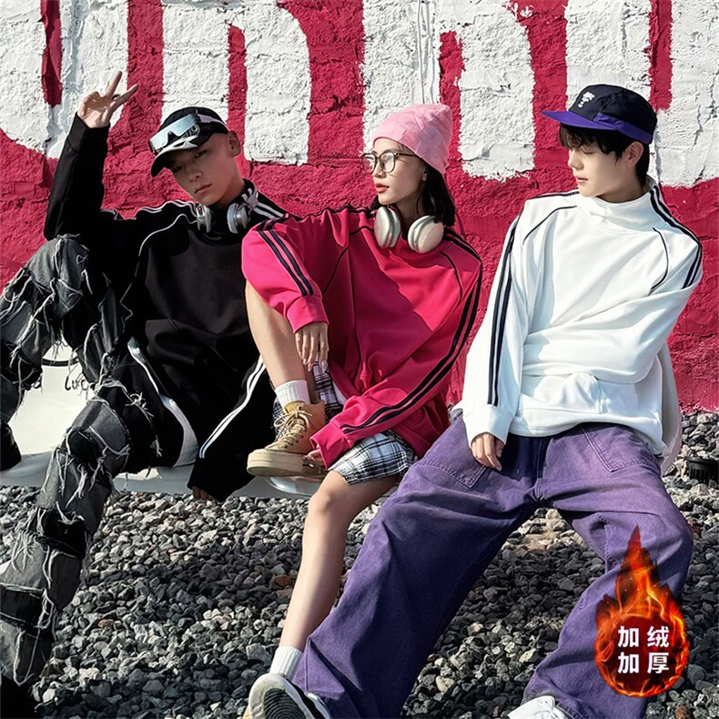 W8901加绒-P68秋冬大码纯棉男女同款两条杠加绒加厚立领卫衣,男装卫衣,星座109