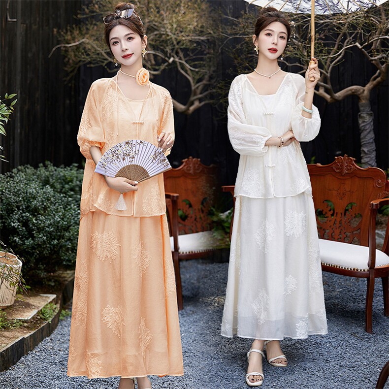 温柔橘粉色刺绣套装裙女2024夏季新款贵夫人盘扣上衣半身裙两件套图片