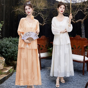 温柔橘粉色刺绣套装裙女2024夏季新款贵夫人盘扣上衣半身裙两件套图片