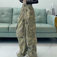 高街迷彩工装牛仔裤女潮ins洋气秋季胖宽松阔腿裤K5634-P51，男装牛仔裤，星座412-3