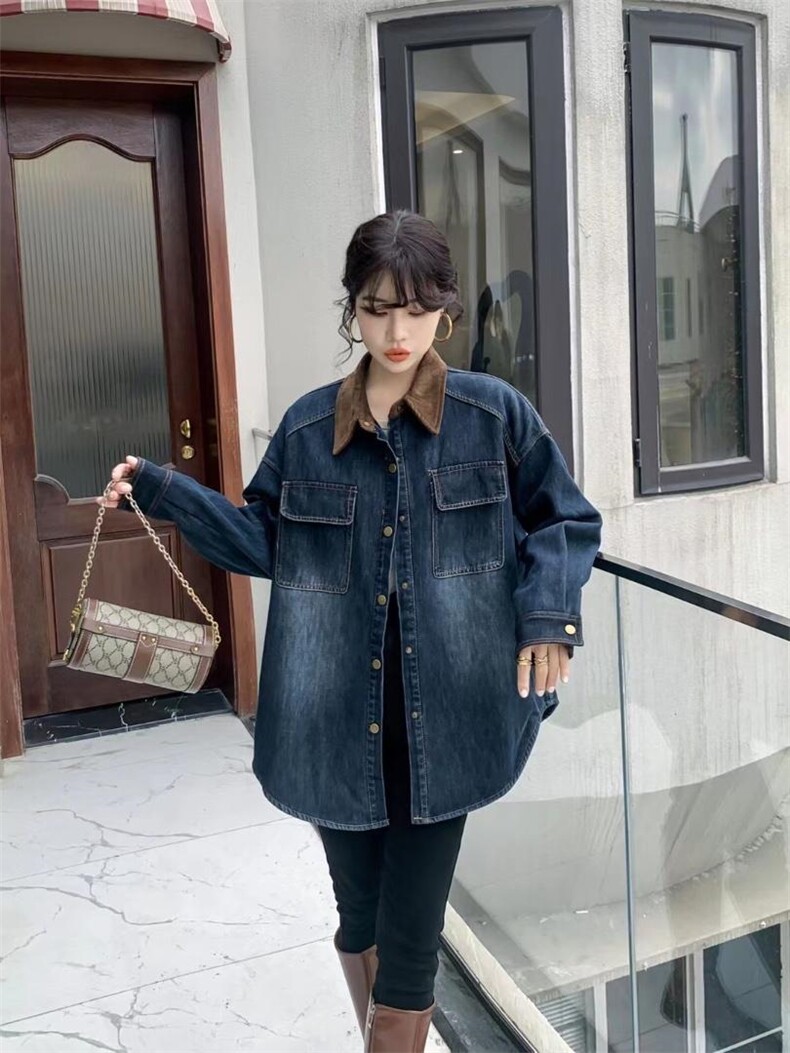 爱美欧现货撞色领加绒牛仔衬衣，其它，爱美欧