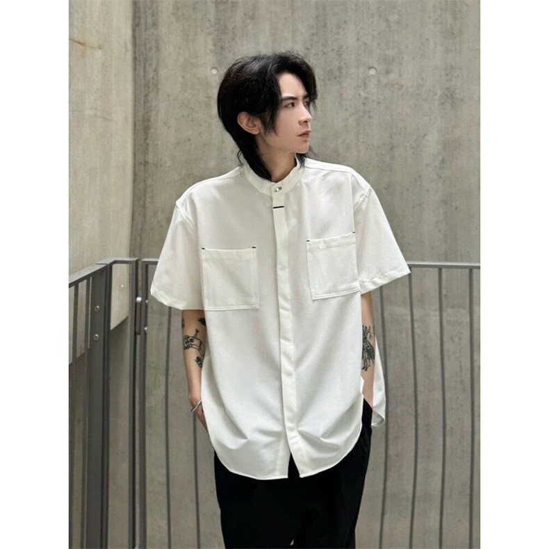 老钱风暗扣短袖衬衫夏季痞帅男生垂感立领中式衬衣上衣CSS12P40,男装衬衫,电商D256-1(原A064-1)