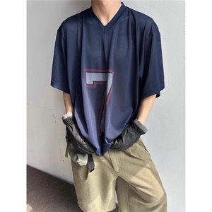 cityboy网眼运动t恤男夏季轻薄透气v领短袖美式复古球衣风半截袖图片