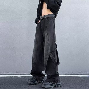 牛仔裤男美式高街复古重工做旧拼接设计直筒阔腿长裤潮 K8933-P60,男装牛仔裤,星座1109-1