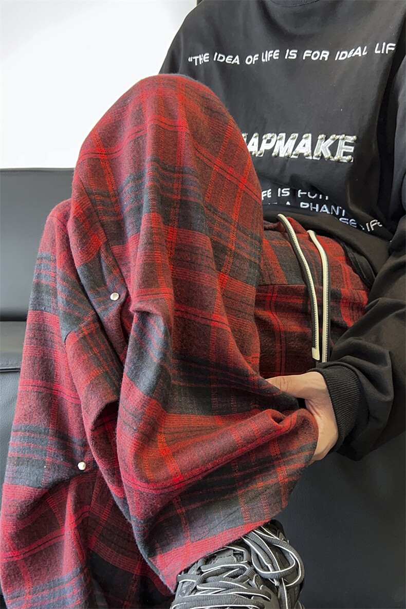 复古格子裤秋季褶皱伞兵休闲裤直筒拖地裤A486特P45控68,男装休闲裤,电商A309