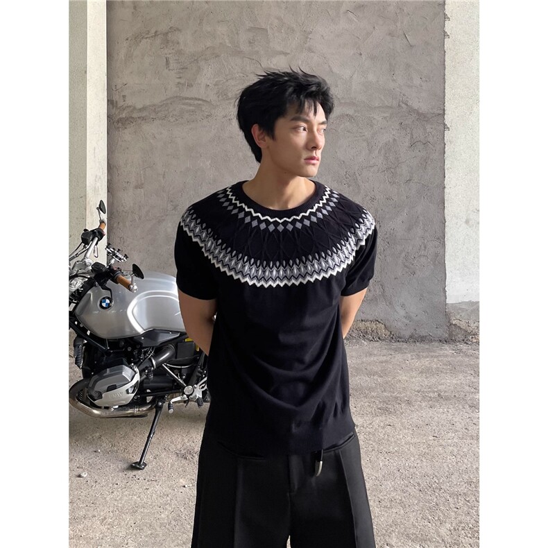 T209-P42费尔岛绞花针织短袖男夏季慵懒松弛感正肩t恤潮流,男装T恤,电商B323A