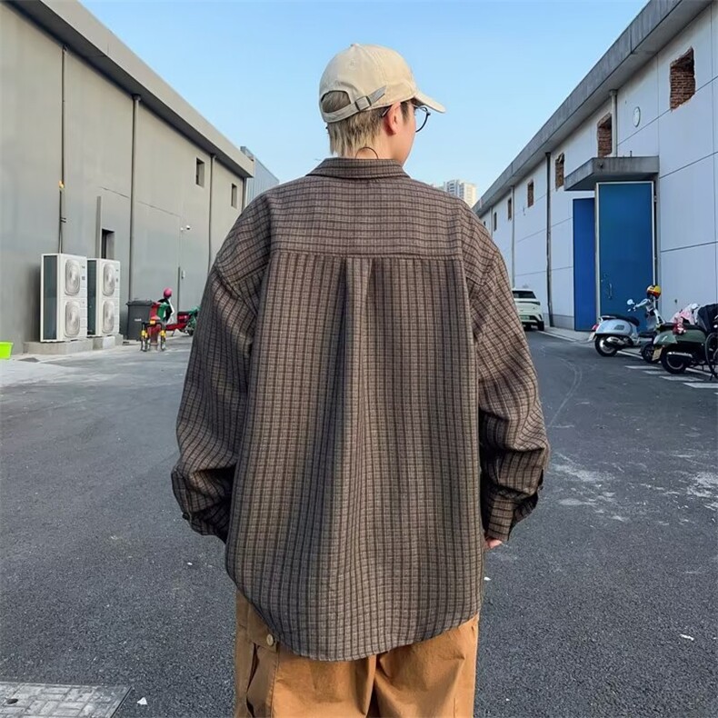 磨毛格子衬衫外套男春秋长袖宽松慵懒风男生复古外穿衬衣C907/P52,男装衬衫,星座506